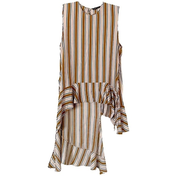 🌺 Zara Stripe Ruffle High Low Lightweight Tan Sleeveless Blouse Size S - Picture 2 of 11